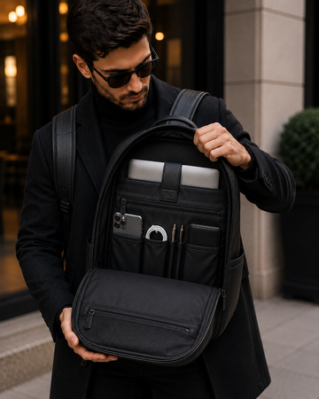 Men’s Black Leather Laptop Backpack