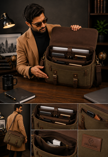 Men’s Green & Brown Leather Laptop Messenger Bag