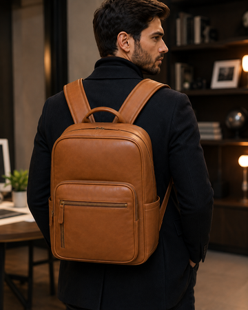 Men’s Tan Leather Laptop Backpack
