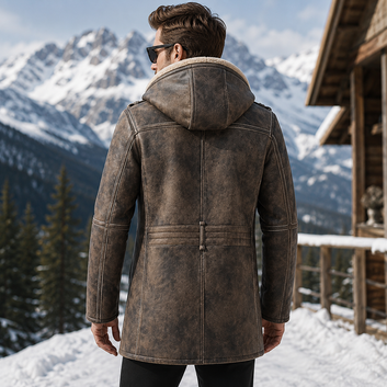 Men's Brown Hooded Shearling Leather Coat