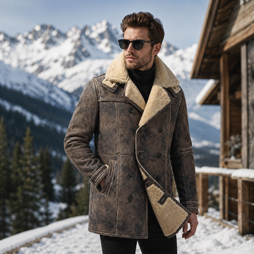 Men's Brown Hooded Shearling Leather Coat