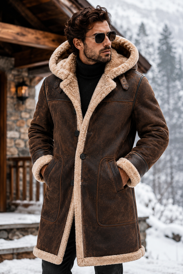 Mens Brown Shearling Hood Coat