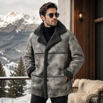 Men's Grey Shearling Leather Coat | Genuine Sheepskin Winter Coat