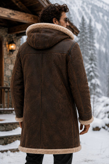 Mens Brown Shearling Hood Coat