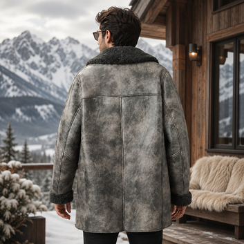 Men's Grey Shearling Leather Coat | Genuine Sheepskin Winter Coat
