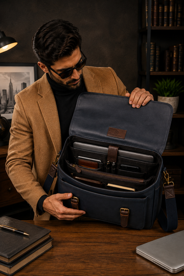 Men’s Navy Blue Leather Laptop Messenger Bag